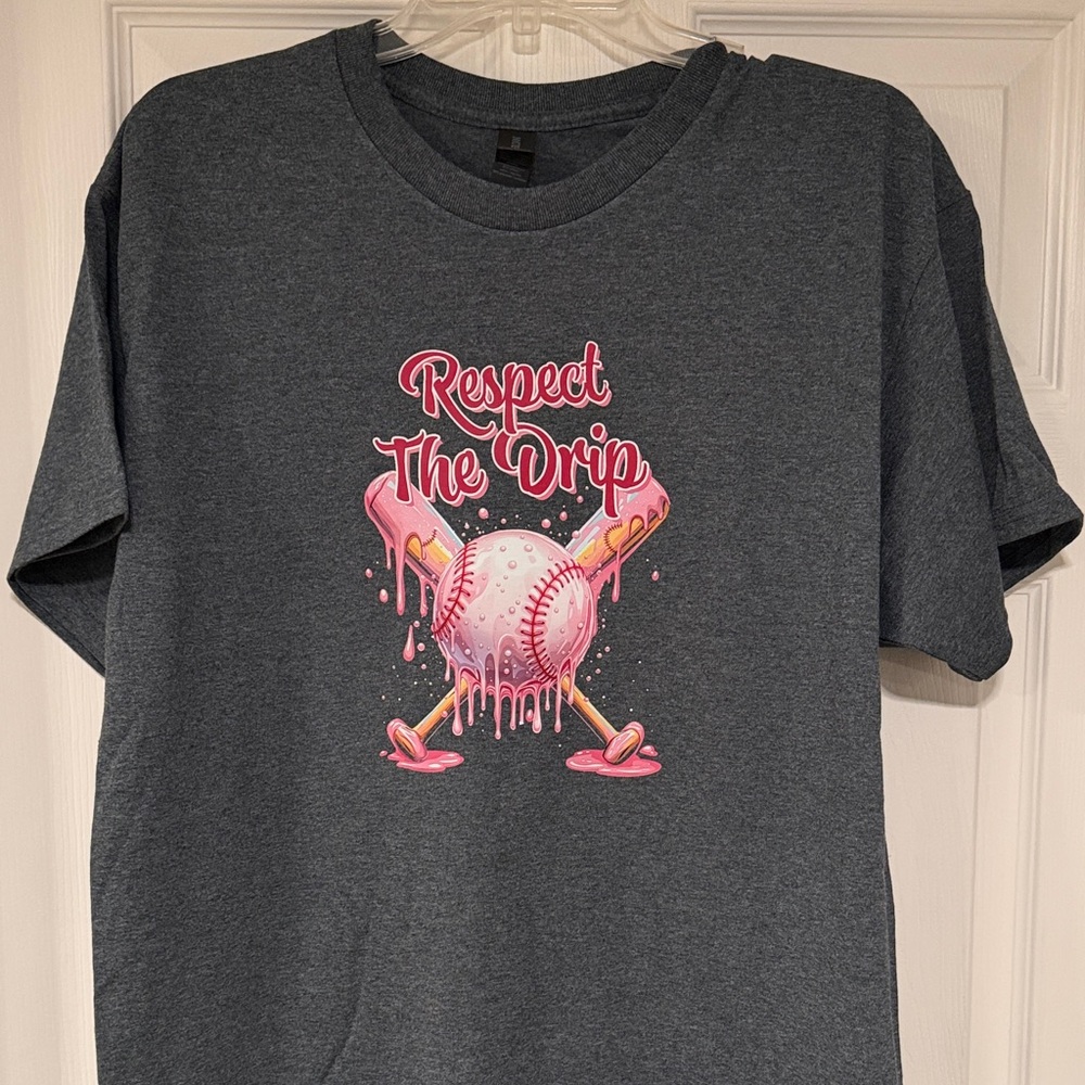 Gildan Dark Heather T-Shirt with Pink Baseball Graphic Adult SZ-L